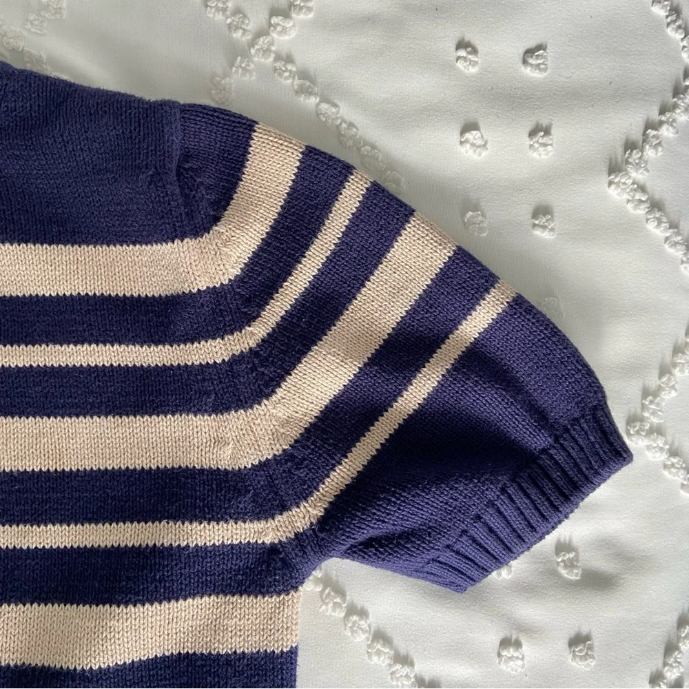 Lands End Vintage Short Sleeve Sweater Cream Navy Nautical Coastal Grandma Knit - Picture 4 of 9